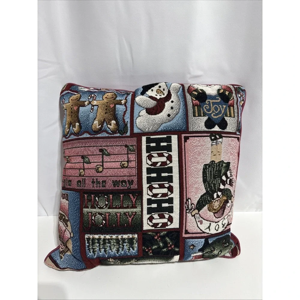 Vintage Tapestry‎ Style Santa Snowman Gingerbread Pillow 15 X 15 Christmas